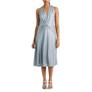 Ralph Lauren Sleeveless Metallic A-Line Midi Cocktail Dress Size 8 Silver Blue
